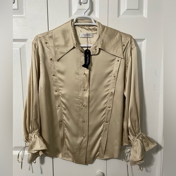 Vivienne Hu Women’s NWT Long Sleeve Gold Silk Style Large collar size 2 - Picture 6 of 16